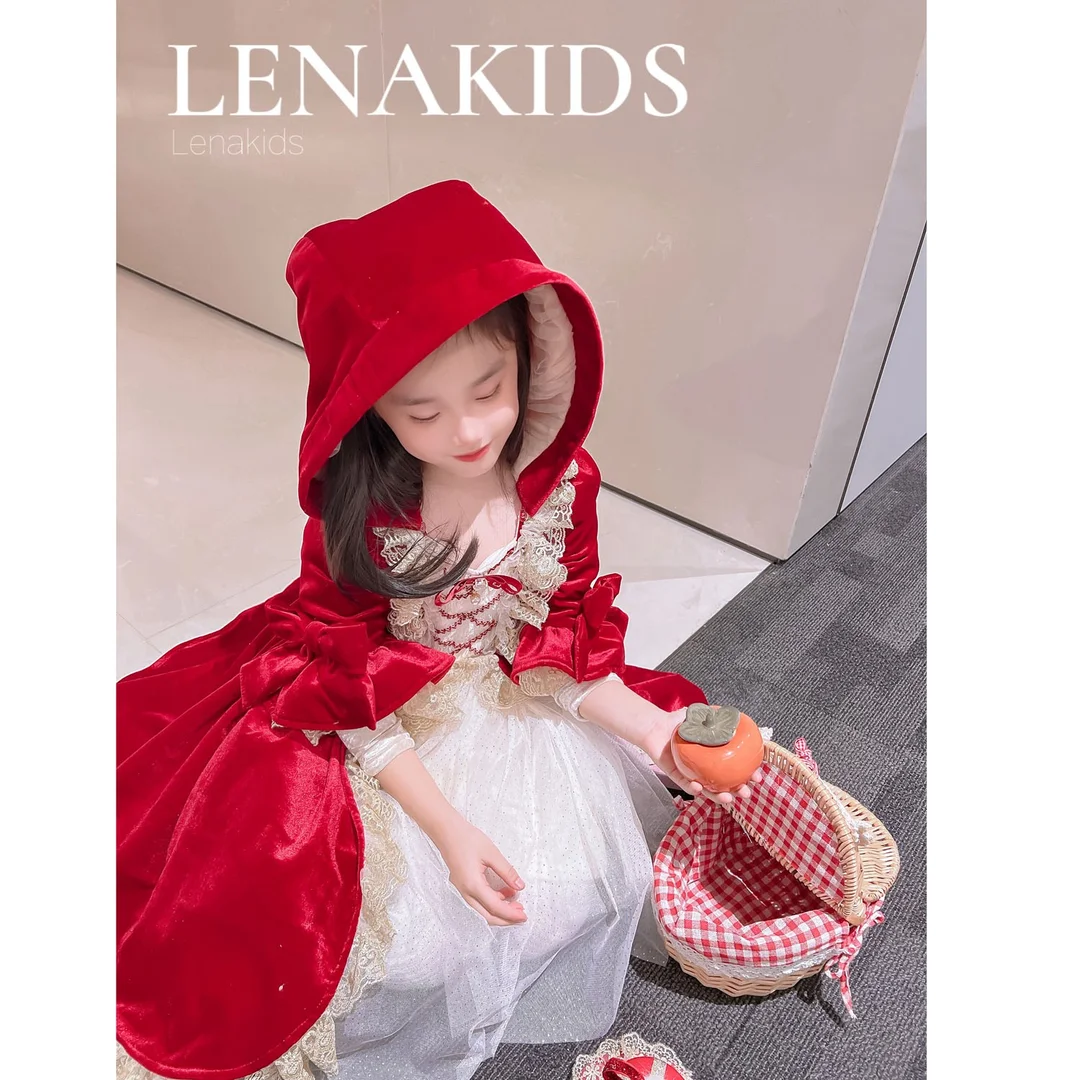 

Winter Warm Spanish Shiny Girls Red Lolita Princess Ball Gown Bow Plus Velvet Lace Design Birthday Kids Party Eid Elegant Dresse
