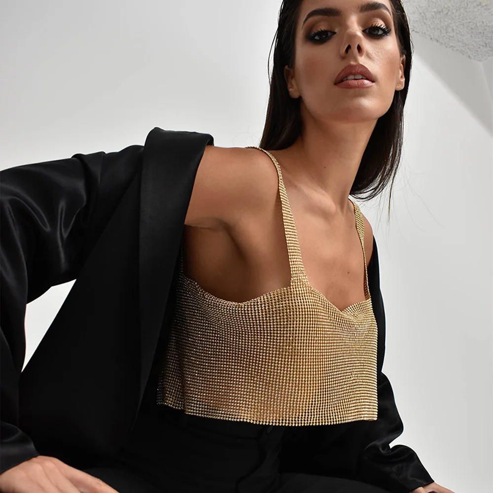 

Shiny Diamante Tank Tops Women Low Neckline Backless Bling Rhinestone Patchwork Crop Top Night Club Chic Lady Tank Tops