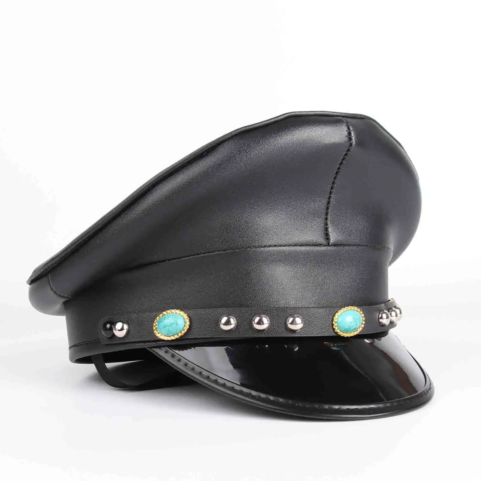 100% Leather Military Hat Men Women Punk Black Army Hat Cortical Sergeant Police Cap Rave Festival Cosplay Hat 3Size M L XXL