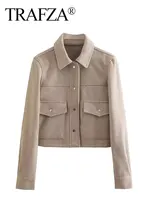 TRAFZA Jackets For Womens Autumn Fashion Solid Front Pockets Button Long Sleeve Jacket Elegant Woman Casual Outerwear Coat 1