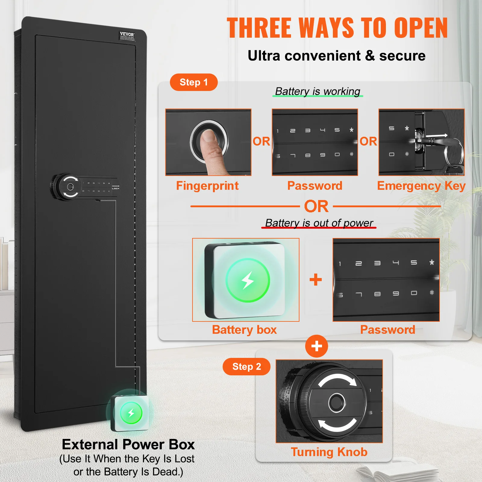 VEVOR 42.91" Tall Wall Gun Safe, 4-Tier Hidden Gun Safe with Keypad & Fingerprint,3 Removable Shelves & 6 Key Holders /LED Light 3