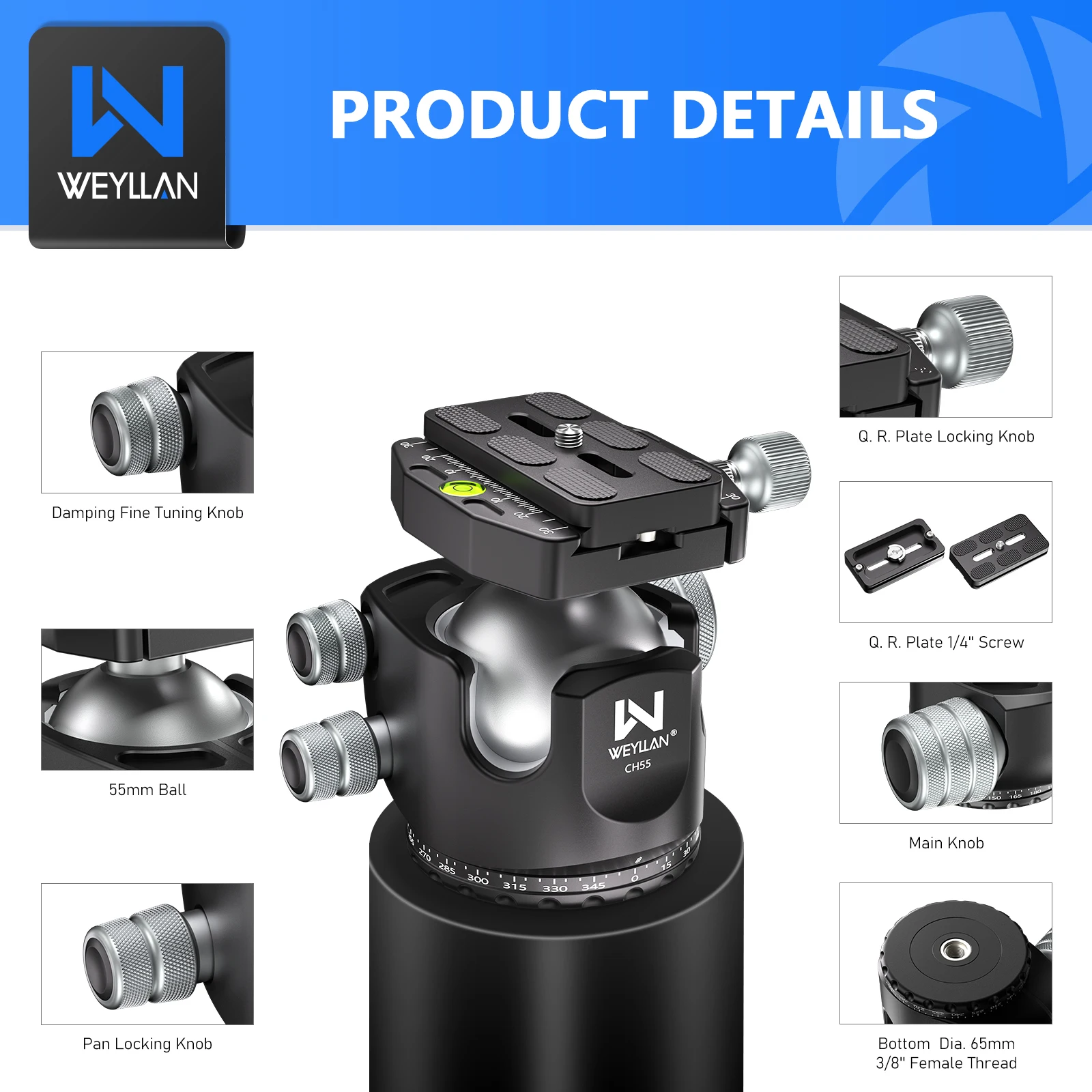 Tripod Head 55mm Aluminum 360&deg; Panoramic 1/4 Tripod Ball Head Mount Arca Swiss Quick Release Plate Camera Momopod Video Ballhead