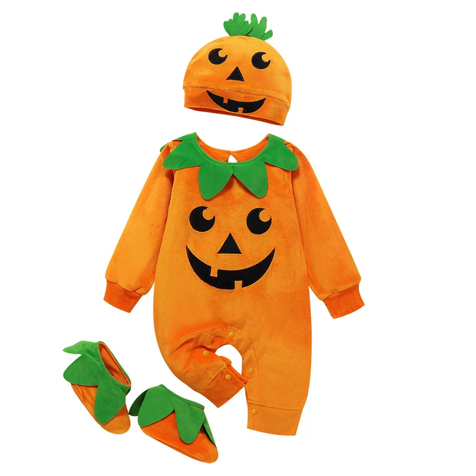 

Children's Halloween Baby Bodysuit Pumpkin Hat Long Sleeve Creeper Three Piece Set Baby Long Sleeve Halloween Pumpkin Bodysuit