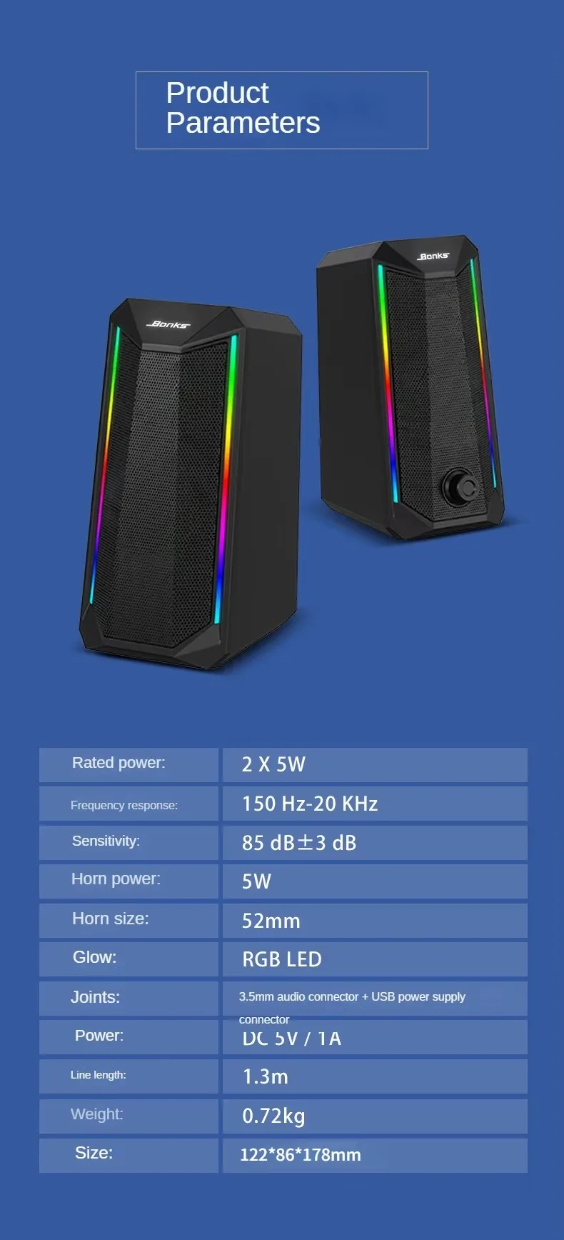 데스크탑 스피커, 2.0 채널 PC 컴퓨터 HiFi 스테레오 게임용 스피커, 향상된 저음 및 다채로운 LED 조명 모드로 쉽게 액세스 가능,