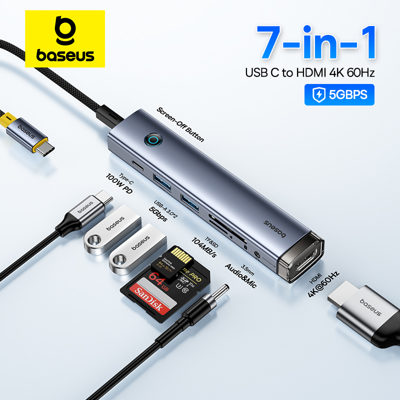 Baseus USB C Hub to HDMI 4K 60Hz USB Type C 3.0 RJ45 PD 100W USB 3.0 SD TF Card Slim Adapter USB C Dock for MacBook PC USB HUB