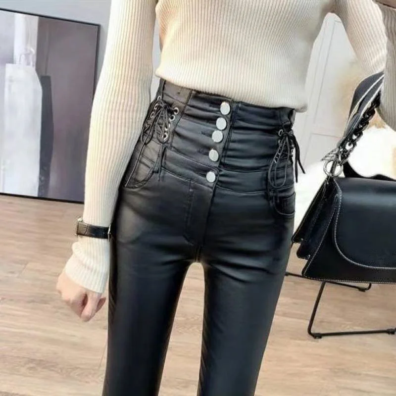 Women High Waisted Faux Leather Pants PU Leggings Single-Breasted Plus Velvet Matte Skinny Leggings Black Sexy Pencil Pants C275