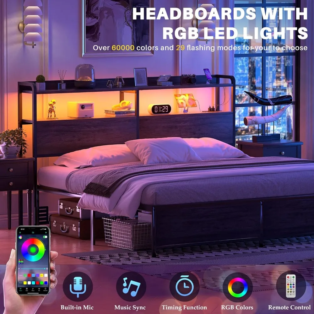 Headboard for Queen Size Bed Frame, Headboards with Outlets, USB Ports and LED Light, Head Board with Storage, Height Adjustable