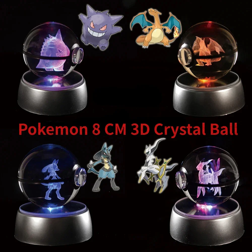 8Cm Pokemon 3D Crystal Ball Pikachu Figure Pokeball Incisione Crystal Charizard Model Con Led Light Base Glass Ball Anime Toy