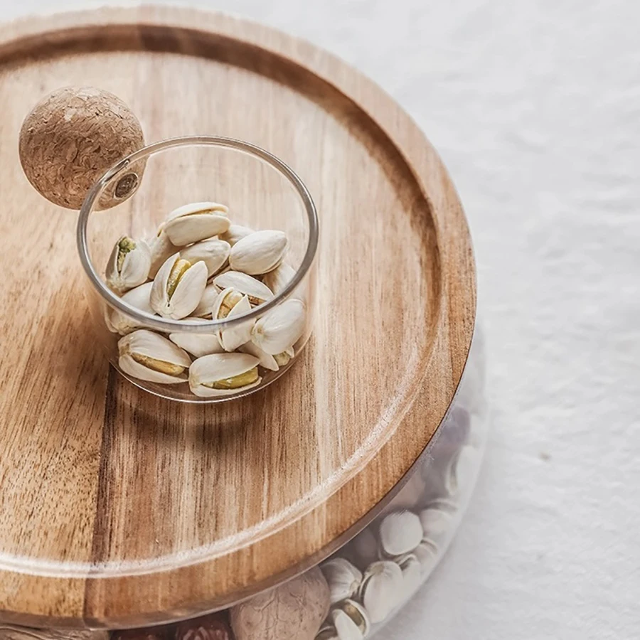 Dishes Glass Bowl Wood Plate Fruit Nut Dried Storage Box Container Candy Storage Box Fruit Tray With Wooden Lid Home Kitchen
