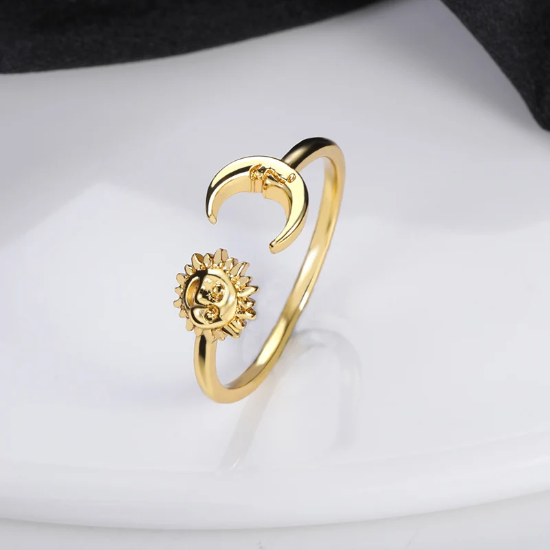 Gold Color Copper Adjustable Sun Moon Rings Wedding Rings For Women Girl Anillos Love Jewelry Daily Wearing Accessories