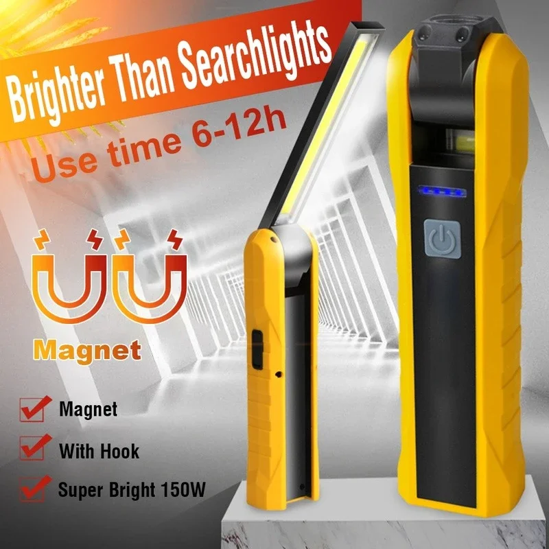 Luz de trabajo COB portátil, linterna magnética, 4 modos de iluminación, recargable por USB, giratoria, lámpara de traba