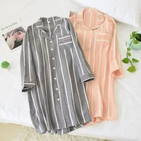 2026 Spring and Summer New Long-Sleeved Nightgowns Cotton Women's Mid-Length Cotton Sleepshirts Home stripe Knee-Length