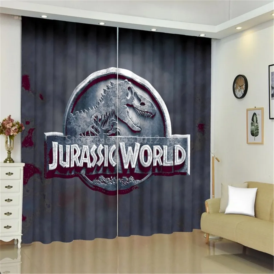 ABAKUHAUS Dinosauro Tenda a Pannello Set di 2, Scena Animale giurassica Foglia, Trattamento della Finestra per Stanza e Camera da Letto, 150 cm x 225 cm, Petrolio Blu Ottanio Salmone