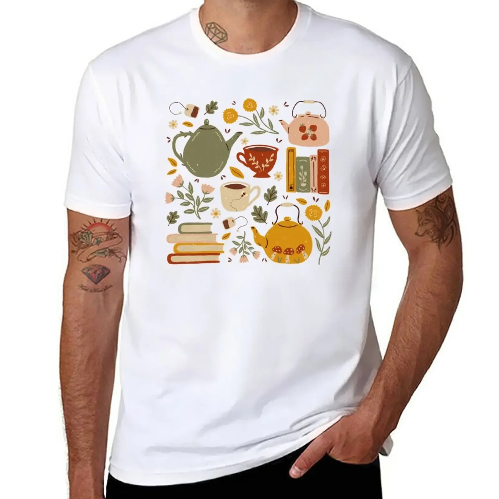 

Flowery Books and Tea T-Shirt summer tops oversizeds graphics oversized t shirts for men
