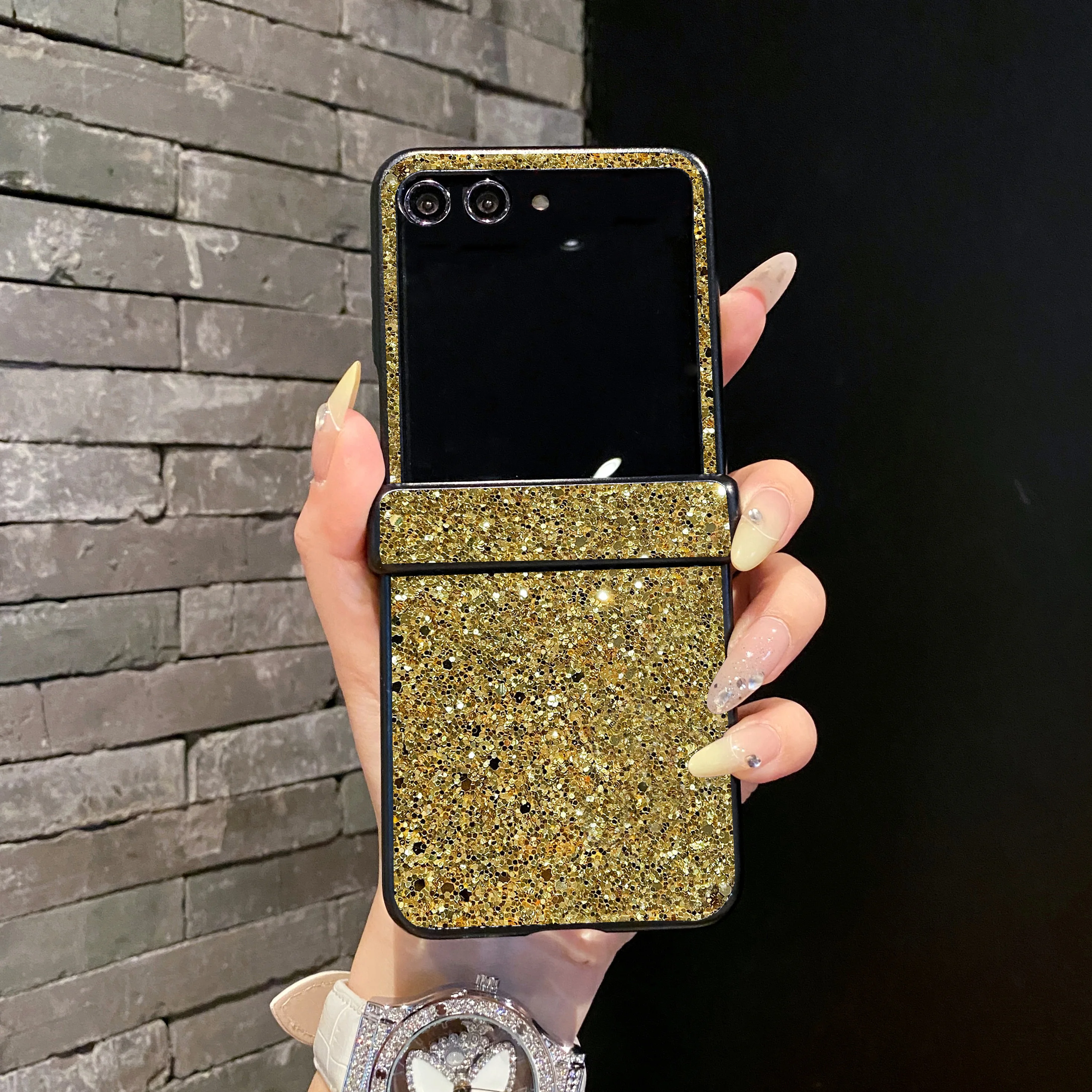 Sparkling Rhinestones Glitter Leather Phone Case with Shiny Hard PC Cover