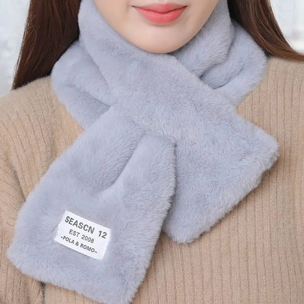 Winter Warm Solid Color Cross Scarf Faux Rabbit Fur Thicken Neckerchief Wrap Neck Scarf Girls