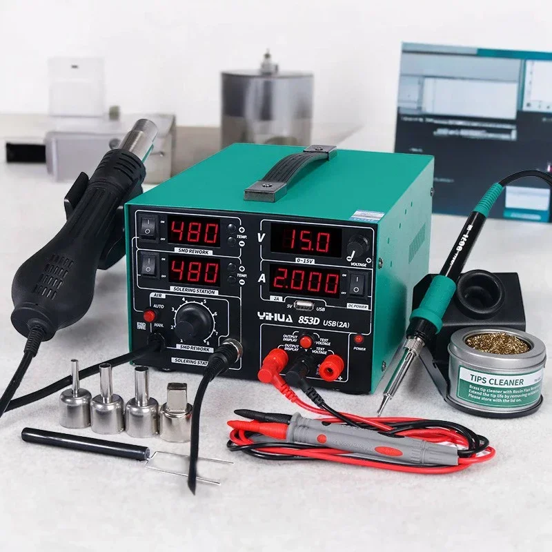 YIHUA 853D 2A 3 in 1 Digital Welding Machines Hot Air Gun Solder Iron Repair Soldering Station BGA Rework Heat Gun Desoldering 2