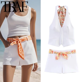 TRAF Y2K 2025 Woman Fashion Printed Thin Scarf Decoration Hanging Neck Collar Vest Casual Slim High Waisted Short Suits