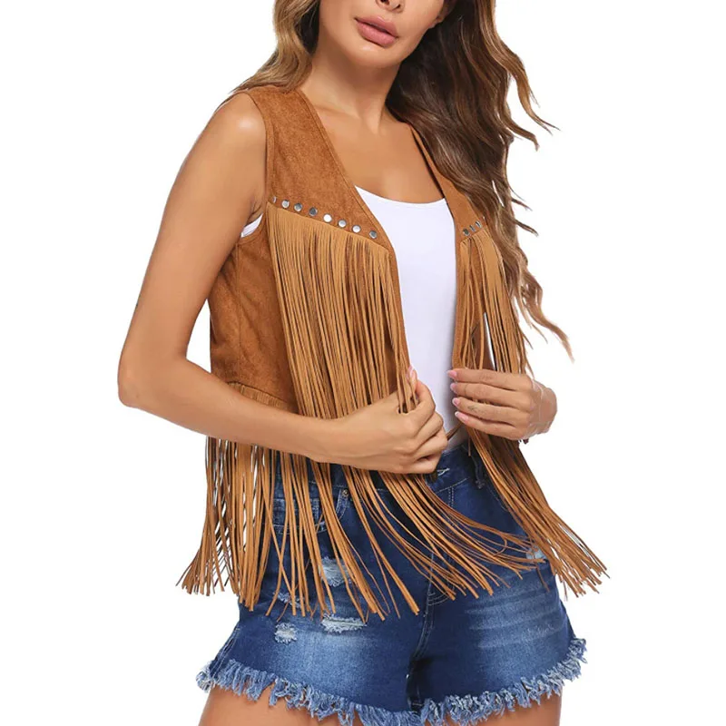 

Women's Deerskin Velvet Buckle-Free Mid-length Vest Vest Jacket Women's Top Fringed Coat