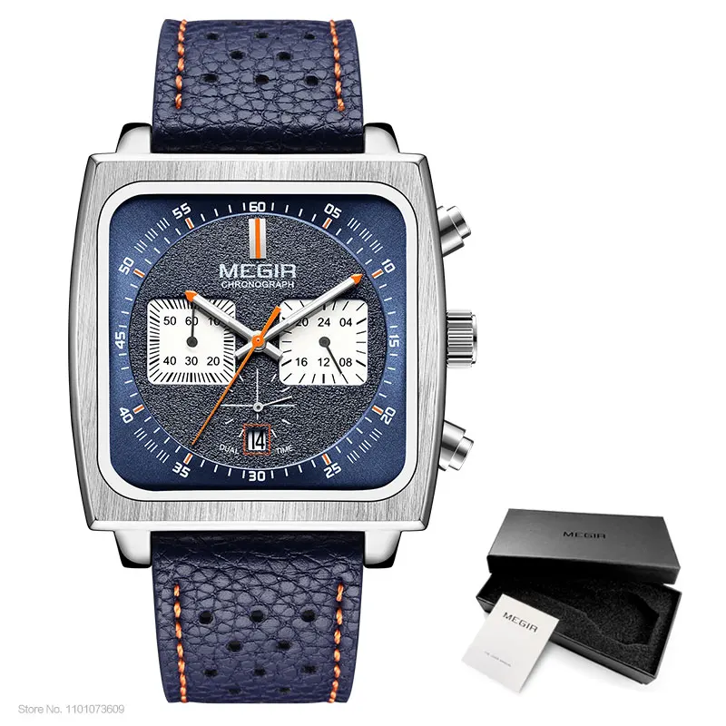 MEGIR Men's Blue Square Dial Chronograph Watch - Casual Sport Leather Strap, Quartz Movement, Date Display, 3ATM Waterproof