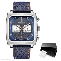 MEGIR Men's Blue Square Dial Chronograph Watch - Casual Sport Leather Strap, Quartz Movement, Date Display, 3ATM Waterproof (Blue - Box)