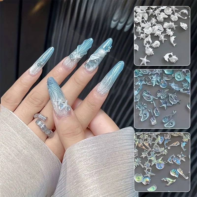 50개 혼합 해양 시리즈 네일 아트 장식 화이트/블루/오로라 불가사리 가리비 돌..