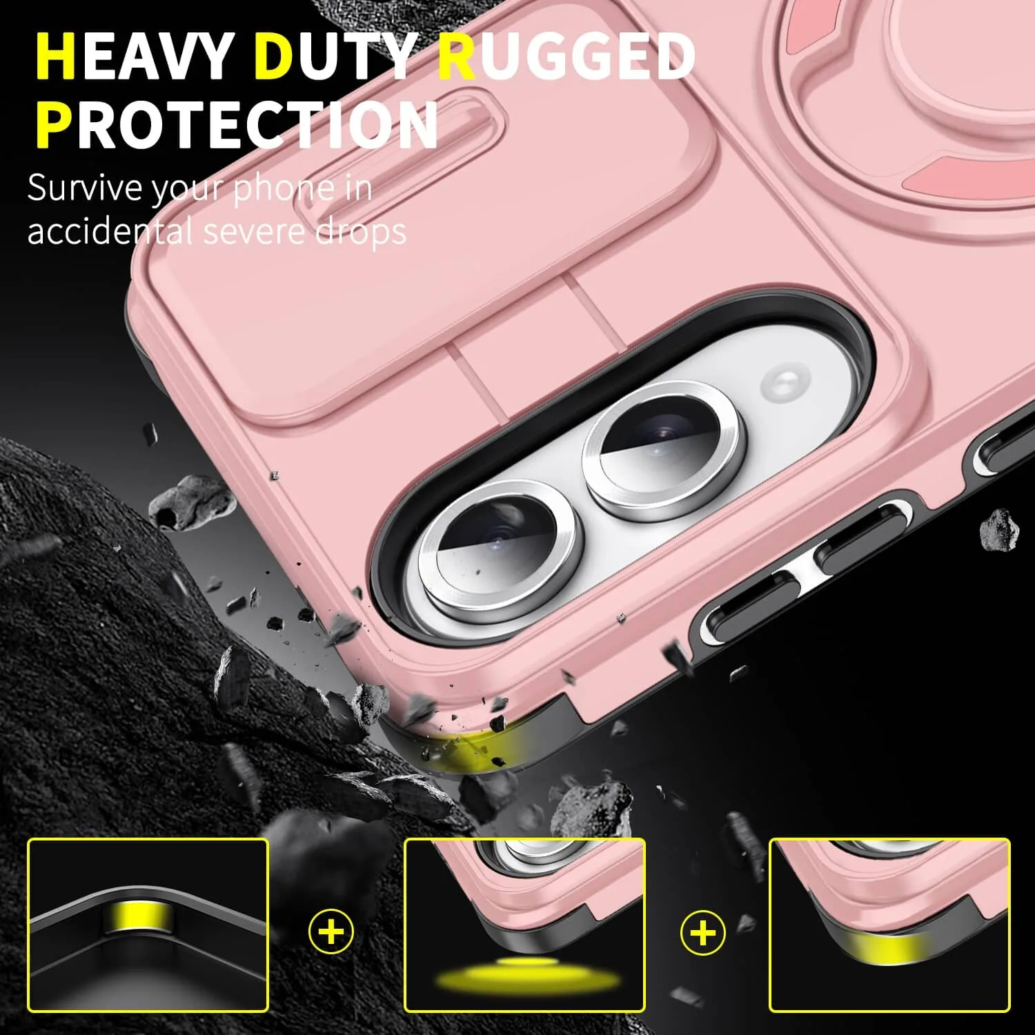 Heavy Duty Shockproof Armor Case with Slide Camera Lens Cover, Built-in Stand & Magnetic Car Mount