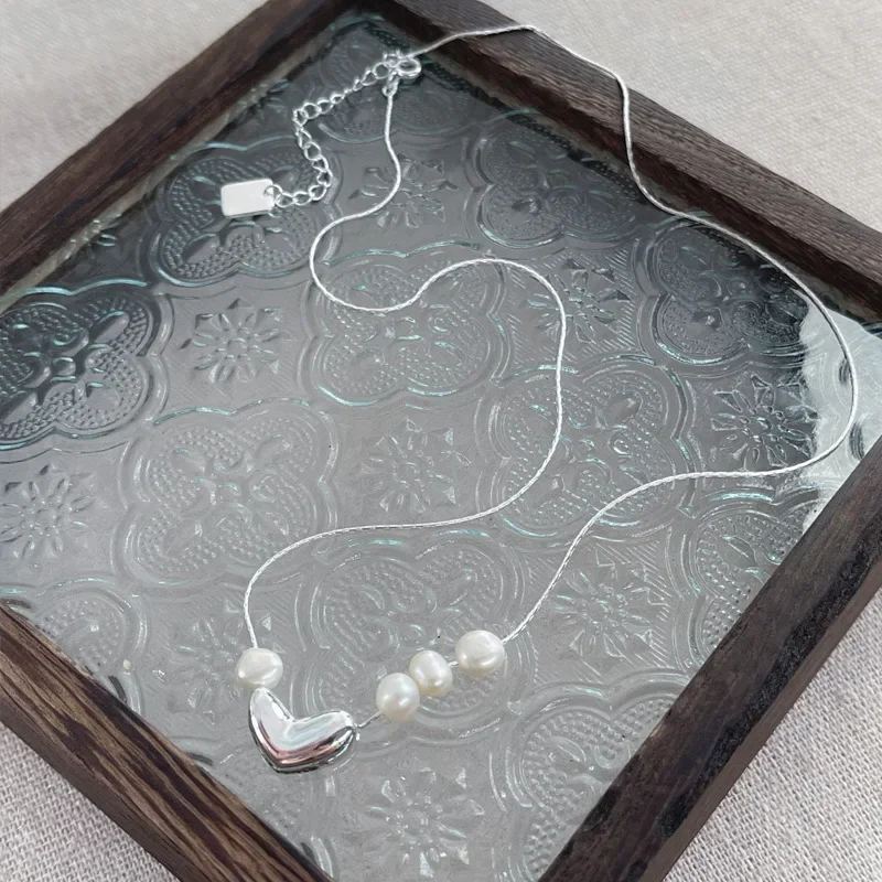 925 الفضة الحب القلب اللؤلؤ قلادة للنساء هدية الكو...