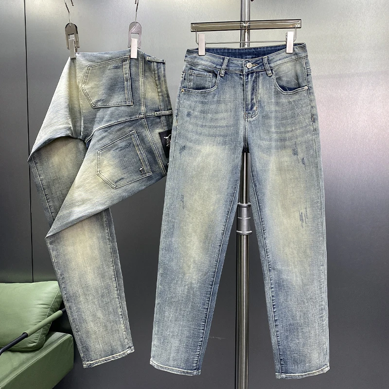 2024 Summer Thin Light Blue Jeans Men's Simple High end Fashion Light Luxury Trendy Brand Slim Fit Straight Leg Casual Versatile