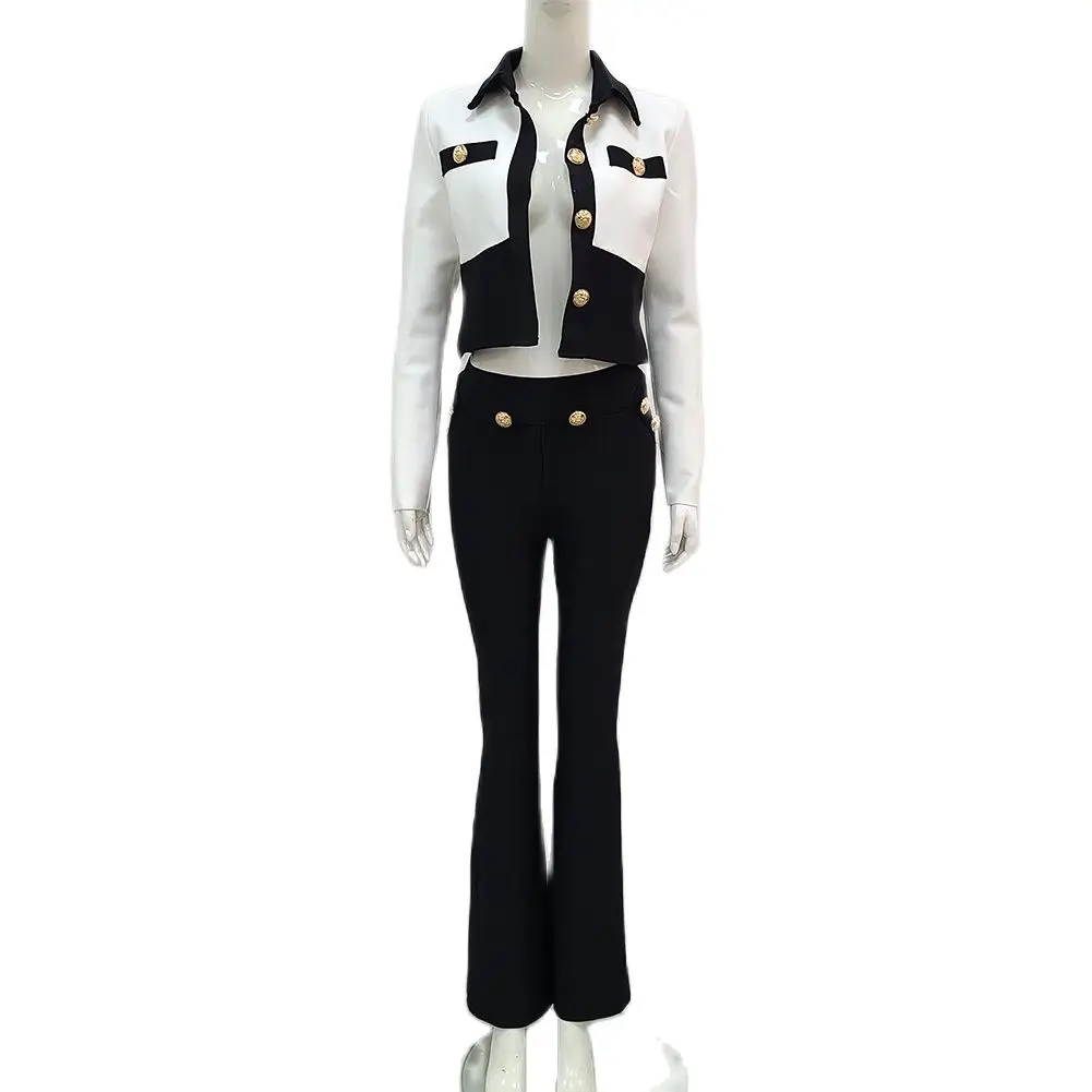 

Fashion New Spring Women Commuter Set Black White Sleeve Button Design Blouse Pant Skinny Set Office Lady Jacket Clothing