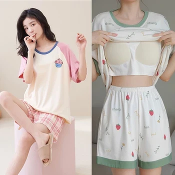 Pajamas Female Summer Short-Sleeved Set of Sweet with Chest Cushion Korean Version of the Cartoon Students Homewear Sleepwear