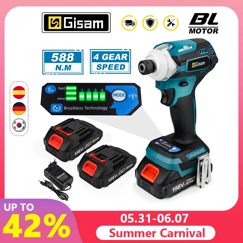 588N.m Cordless Brushless Impact Driver Kit Cordless Drill Electric Screwdriver 4-Speed 1/4‘’ 3 LED Light for Makita 18V Battery