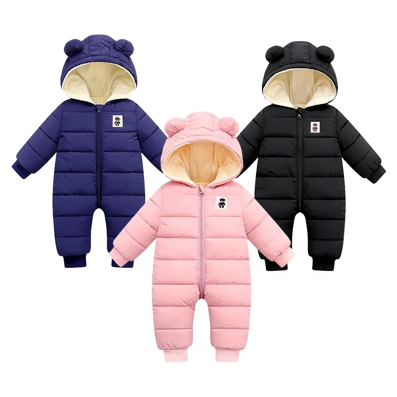Winter Baby Rompers Infants Plus Velvet Thicken Jumpsuit For Newborn Boy Coats Toddler Kids Hooded Jacket Children Clothes