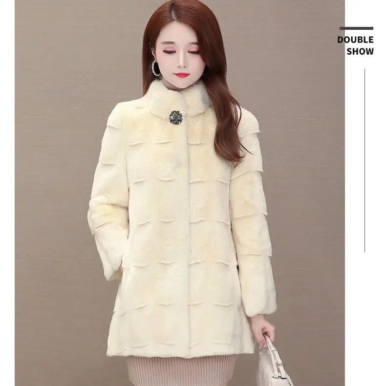 Imitation Mink Women's Standing Neck Coat Medium Long Korean Version Winter Warmth Thickened Long Sleeve Fashion Slim Fit Mink
