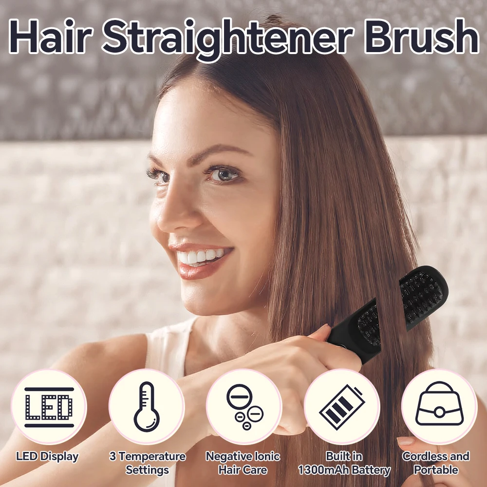 Rechargeable Hair Straightener Brush, Ionic Straightening Comb - 20s Fast Heating, 3 Temp Settings & LED Display for Home Salon