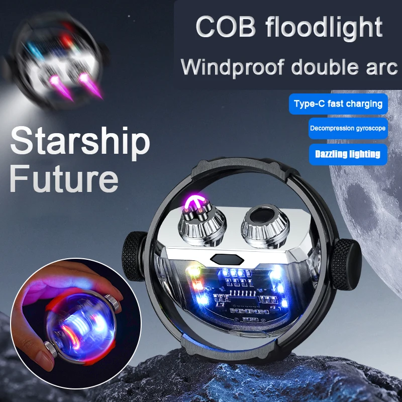 

Gyro rechargeable windproof dual arc lighter with outdoor LED lighting decompress creative personality