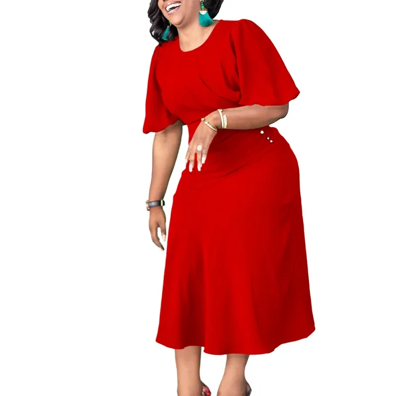 

White Green Red Polyester African Dresses for Women Summer African Half Sleeve O-neck Party Wedding Dress African Clothes Women