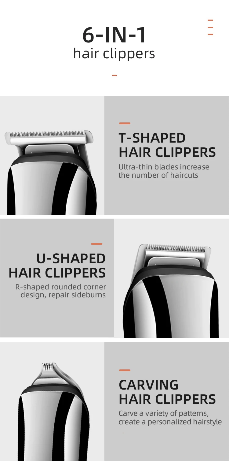 Description Picture 5 of itemKIKIDO 6 in 1 Rechargeable Hair Trimmer Waterproof Hair Clipper Electric Shaver Beard Trimmer Mens Styling Tools Shaving Machine