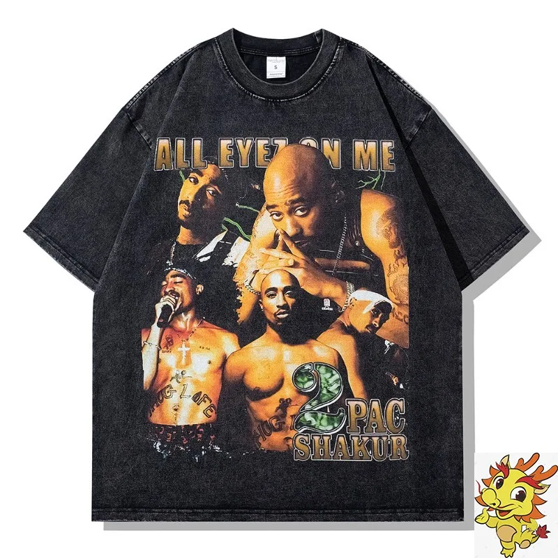 

Spring New 2PAC Rap Printed Short sleeved T-shirt Heavyweight American Retro Washed Old Top for Men