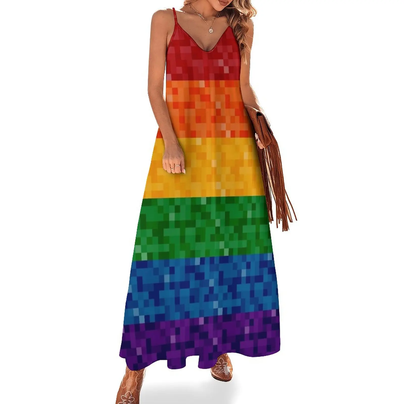 

Seamless Repeating LGBTQ Pride Rainbow Pixel Flag Background Sleeveless Dress summer dress women 2023 prom dress 2023