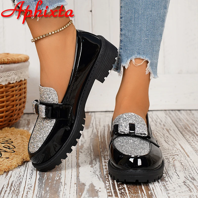 Aphixta Patchwork Bling Silvery Flat With Woman 3.5cm Heel Shoes Sewing Design Slip on Ladies Shoes Black Round Toe Casual Shoes
