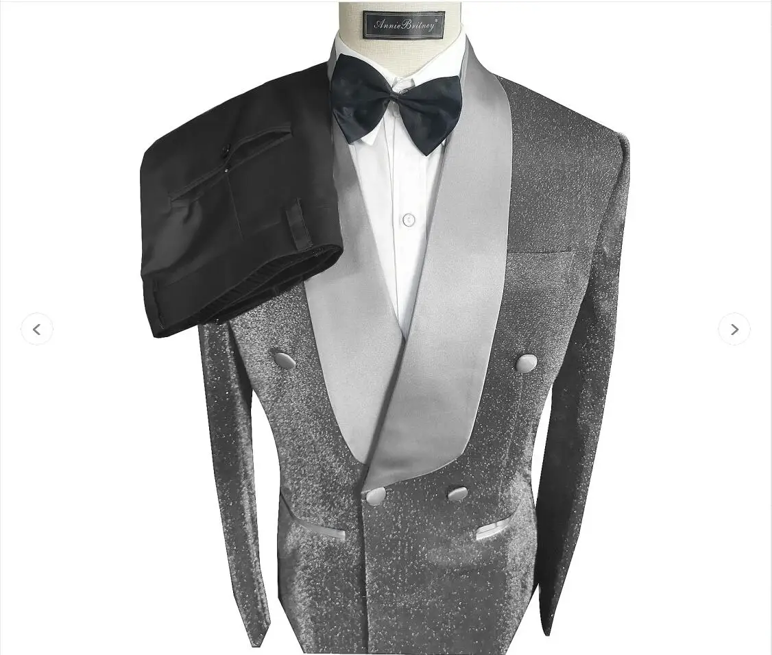 

Блестящие серые мужские костюмы на заказ для выпускного вечера, свадебный смокинг для жениха, двубортный деловой Блейзер, 2 предмета, мужской костюм из пиджака и брюк