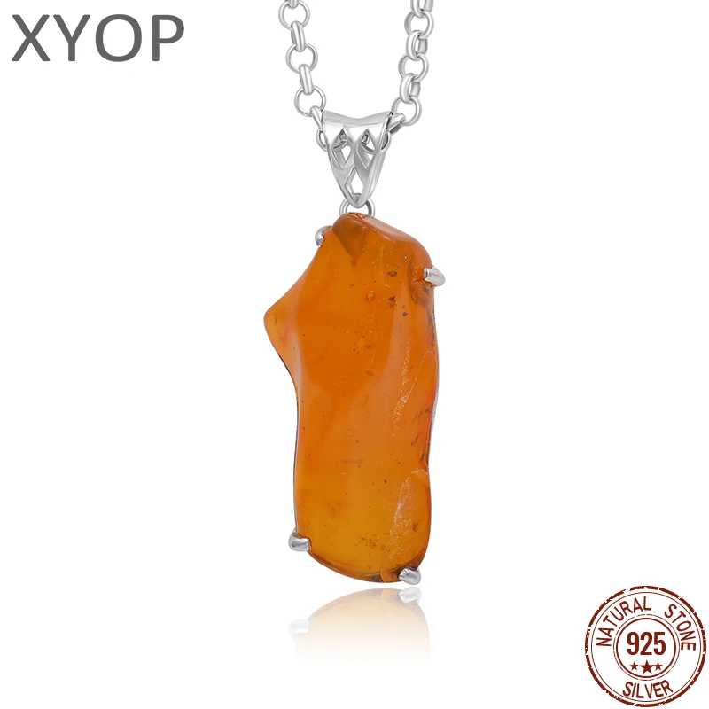 

XYOP Natural Insect Amber Pendant Irregular Shape Ambers Original Stone Charms 925 Sterling Silver Pendant Necklace Amulet Gift