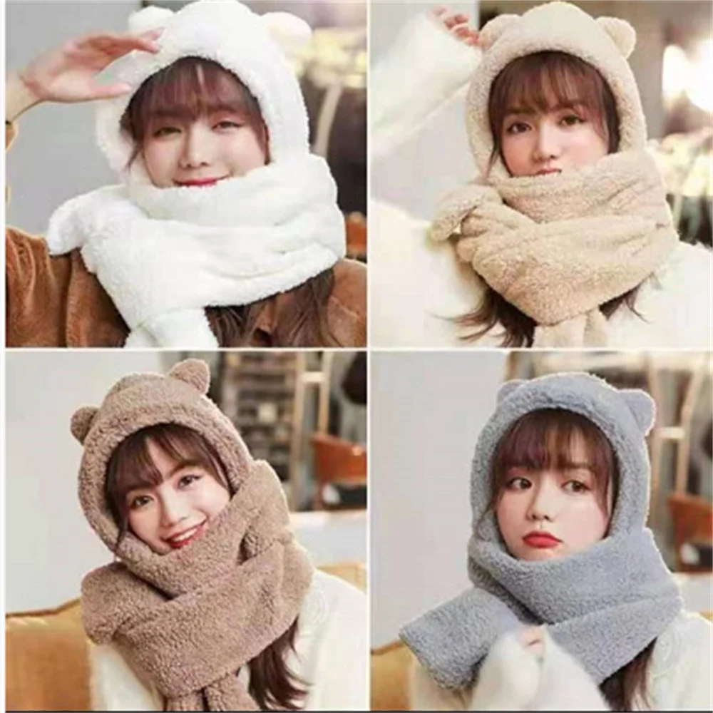 

New Cute Bear Ear Hat Scarf Gloves Set Winter Women Beanies Caps Warm Casual Plush Hats Casual Solid Fleece Girl Kawaii Present