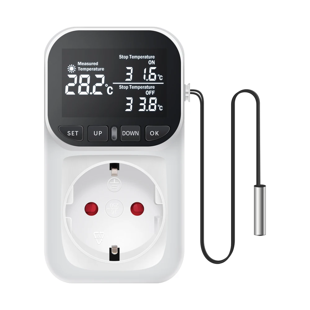 ตัวเลือกสินค้า ตัวควบคุมอุณหภูมิแบบดิจิตอล SOCKET Outlet EU Plug Thermostat พร้อม TIMER SENSOR Probe เครื่องทําความร้อนสวิทช์ 16A Backlight
