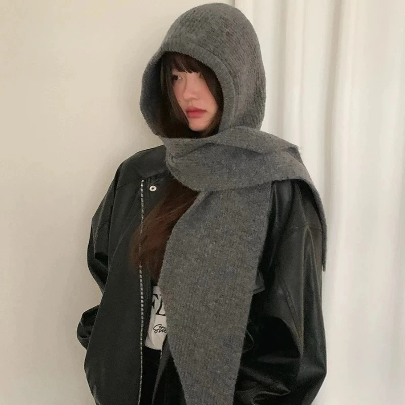 Korean Balaclava Bonnet Women Skullies Beanies Hat Scarf One-piece Thickened Warm Neck Protection Winter Accessories Knitted Law