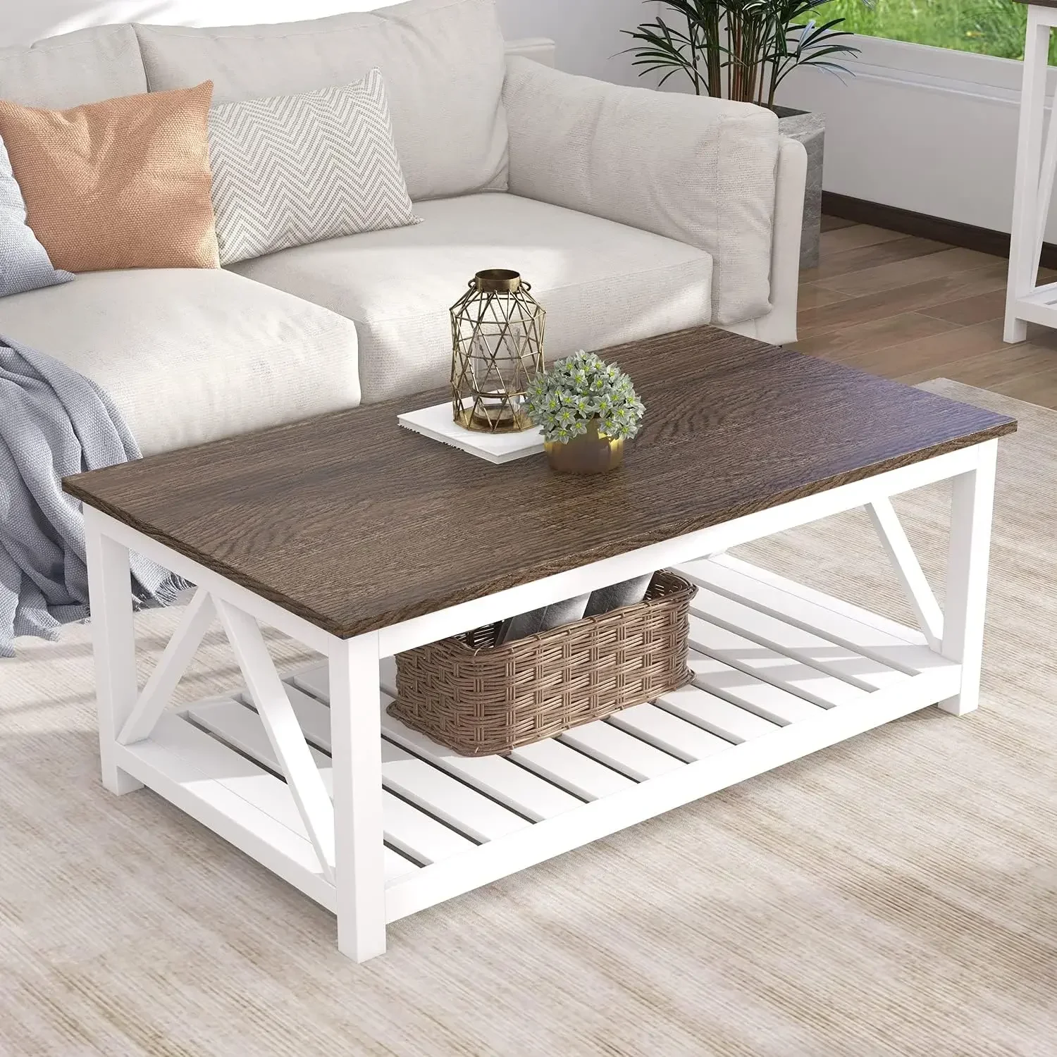 Farmhouse Coffee Table, Rustic Vintage Living Room Table with Shelf, 40 White 4
