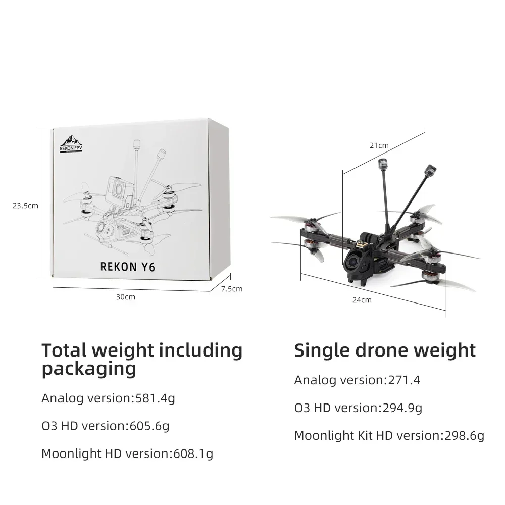 HGLRC Rekon Y6 5인치 FPV 장거리 드론 - 아날로그/문라이트/O3 SPECTER F722 40A 2004 1800KV 6S 쿼드콥터