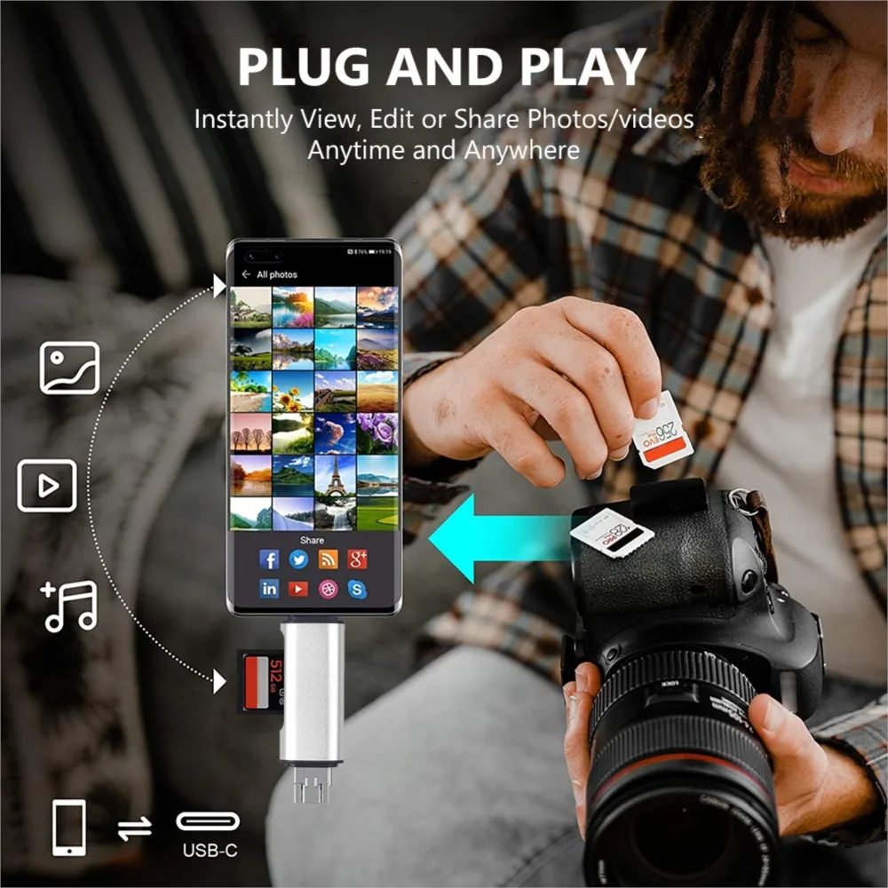 3-in-1 SD Card Reader USB 3.0/Micro USB/Type C Smart Memory Card Reader OTG Flash Drive Adapter For Samsung Macbook