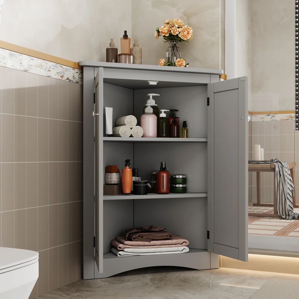 61,5 x 90 cm moderner Eckschrank für Badezimmer – freistehender 2-türiger dreieckiger Schrank mit 3 Ebenen, platzsparend für Badezimmer – Detail 33
